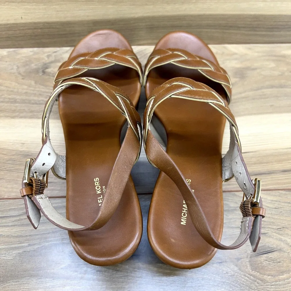 Michael Kors Collection 38 8 Luggage Tan Leather Braided Slingback Wedge